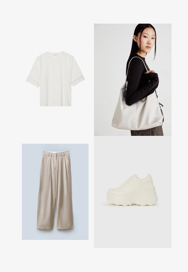 Bjela majica kratkih rukava od pamuka, s dekorativnom čipkastom obrubom duž rukava i okruglim izrezom.; Bež hlače širokih nogavica s teksturiranim završetkom, s dvije bočne džepove, prednjim nabranjem i pojasom za sigurno pristajanje.; Bijele platformske tenisice s glatkim gornjim dijelom koji nalikuje koži, zaobljenim oblikom, podstavljenim okvirom i teksturiranim gumeni potplat s definiranom profilacijom.; Bežna torba od mekog materijala s opuštenim dizajnom, šivanim detaljima i dva remena za rame. Pogodna za svakodnevnu upotrebu.