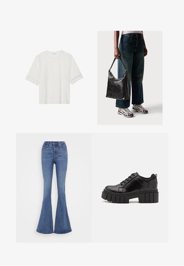 Valkoinen lyhythihainen t-paita, joka on valmistettu puuvillasta ja jossa on koristeellinen pitsireunus hihojen ympärillä sekä pyöreä pääntie.; Vaaleansiniset leveälahkeiset farkut korkealla vyötäröllä, valmistettu denimistä. Omistaa etu-napituskiinnityksen ja sileän pinnan.; Mustat nahkakengät, joissa on lättihenkinen korko, pyöreä kärki ja perinteinen nauhakiinnitys. Ominaisuuksiin kuuluu sileä pintakuvio ja minimaalinen yksityiskohtaisuus.; Musta nahkainen olkalaukku, jossa on sileä pinta ja säädettävä hihna, yhdistettynä haalistuneisiin leveälahkeisiin farkkuihin ja urheilukenkien kanssa.