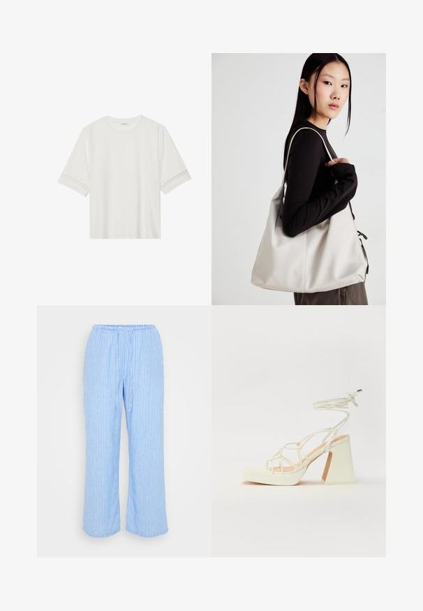 Vit kortärmad t-shirt i bomull, med dekorativa spetsdetaljer längs ärmarna och rund halsringning.; Ljusblå randiga byxor, tillverkade av mjukt tyg, med elastisk midja, dragsko och vida, korta ben.; Vit högklackad sandal med en kraftig klack, med ett remdesign och ankelband. Slät textur med en plattform framtill för ökad höjd.; Beige handväska tillverkad av mjukt material, med en avslappnad design, sydda detaljer och två axelremmar. Lämplig för dagligt bruk.