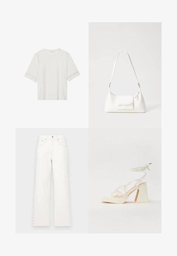 Witte korte mouwen t-shirt van katoen, met een decoratieve kantafwerking langs de mouwen en een ronde halslijn.; Witte denim wijde jeans met klinknagels langs de zijkanten en een knoopsluiting aan de voorkant. Versterkte zakken en een klassieke snit.; Witte hoge hakken sandaal met een chunky hak, met een bandjesontwerp en enkelband. Gladde textuur met een plateau voor extra hoogte.; Witte synthetische handtas met een driehoekige vorm, platte voorklep en strikdetail, verstelbare schouderriem, gladde textuur en minimalistisch ontwerp.