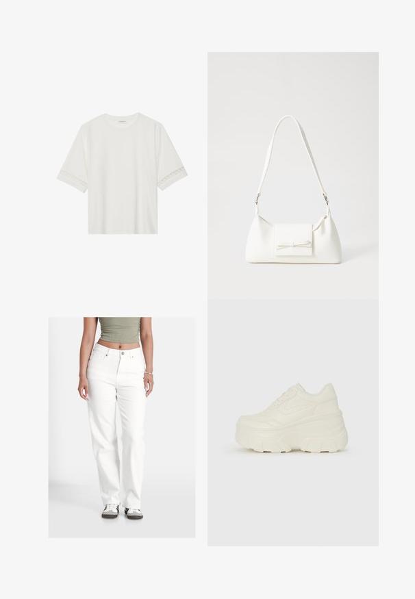 Witte korte mouwen t-shirt van katoen, met een decoratieve kantafwerking langs de mouwen en een ronde halslijn.; Witte denim jeans in een relaxte pasvorm, met een knoopsluiting, vijf zakken en een licht gestructureerd oppervlak. Gecombineerd met casual schoeisel.; Witte platform sneakers met een gladde leren bovenkant, afgeronde vorm, gewatteerde kraag en een gestructureerde rubberen zool met duidelijke profiel.; Witte synthetische handtas met een driehoekige vorm, platte voorklep en strikdetail, verstelbare schouderriem, gladde textuur en minimalistisch ontwerp.