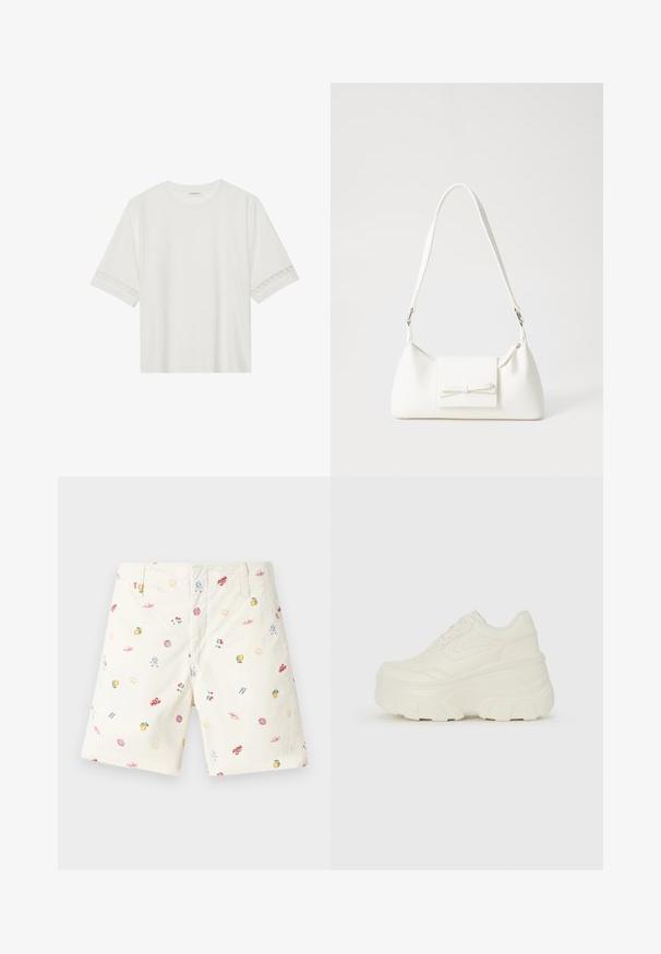 White short-sleeve t-shirt made from cotton, featuring decorative lace trim along the sleeves and a round neckline.; Cotton shorts in cream with colorful, assorted printed patterns including fruits, shells, and sun motifs; classic flat front design.; White platform sneakers featuring a smooth leather-like upper, rounded shape, padded collar, and textured rubber sole with defined treads.; White synthetic handbag with a triangular shape, flat front flap and bow detail, adjustable strap, smooth texture, and minimalistic design.