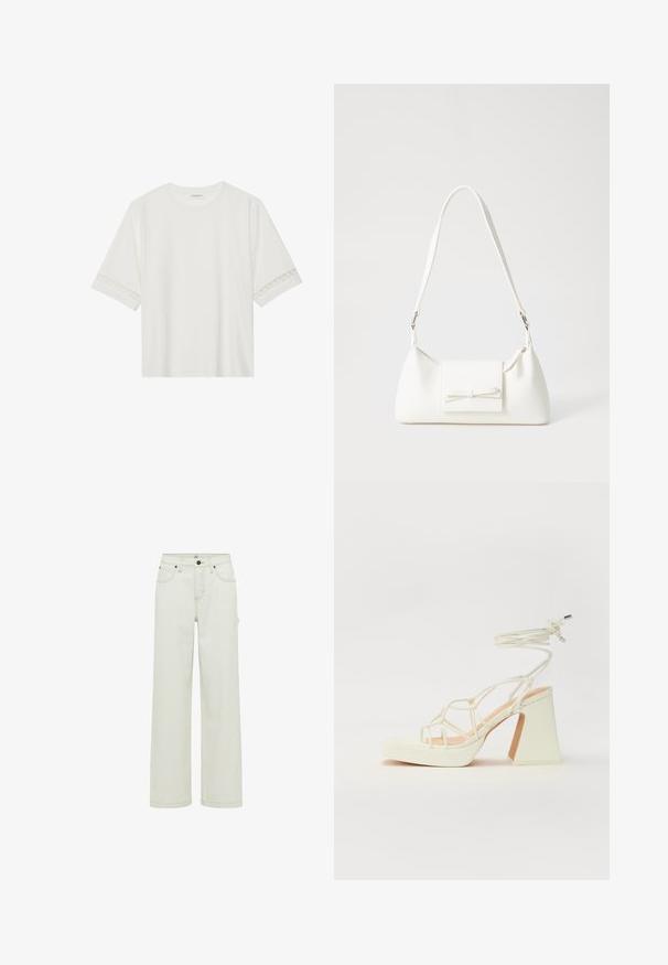 Biała, krótka koszulka z bawełny z dekoracyjnym koronkowym wykończeniem przy rękawach i okrągłym dekoltem.; Spodnie dżinsowe o szerokich nogawkach w kremowym kolorze, z wysokim stanem, przednimi kieszeniami i jedną kieszenią boczną. Charakteryzują się minimalistycznym designem oraz subtelnym przeszyciem.; Biała sandał na wysokim obcasie z masywnym słupkiem, z paskowym wzorem i wiązaniem przy kostce. Gładka faktura z platformą z przodu dla dodatkowej wysokości.; Biała syntetyczna torba o trójkątnym kształcie, płaskim przednim klapce i detalach w postaci kokardy, regulowanym pasku, gładkiej fakturze oraz minimalistycznym designie.