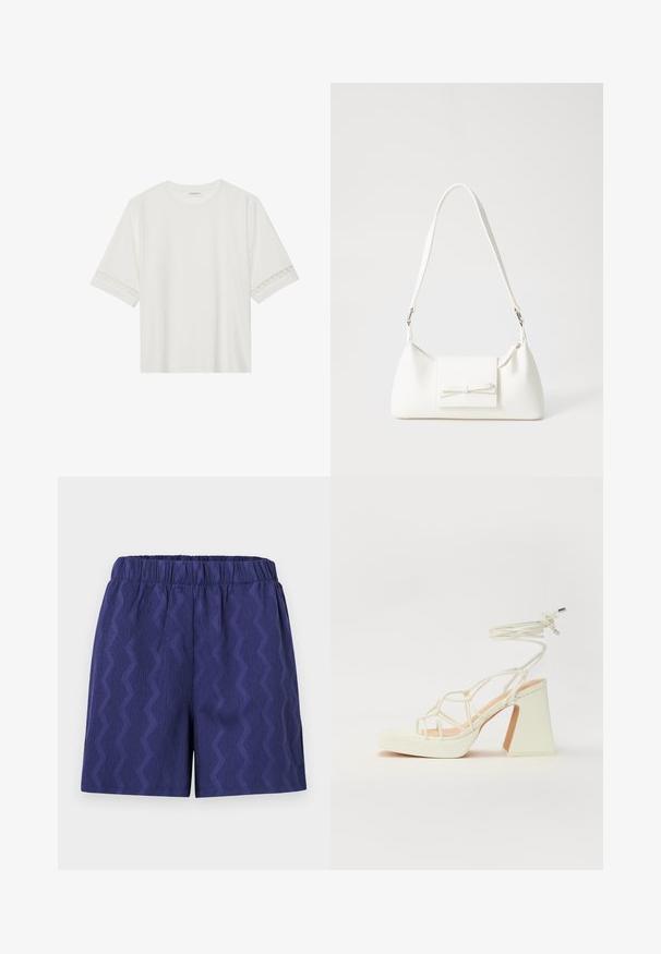 Biele tričko s krátkym rukávom vyrobené z bavlny, s dekoratívnym čipkovým lemovaním pozdĺž rukávov a okrúhlym výstrihom.; Námornícke modré šortky s textúrovaným zigzag vzorom, s elastickým pásom pre pohodlie a vo voľnom strihu. Vyrobené z ľahkého materiálu.; Biele sandále na vysokom opätku s hrubým podpätkom, s pruhovaným dizajnom a viazaním na členku. Hladký povrch s platformou vpredu pre zvýšenú výšku.; Biela syntetická kabelka s trojuholníkovým tvarom, plochým predným klapkou a detailom mašle, nastaviteľným popruhom, hladkou textúrou a minimalistickým dizajnom.