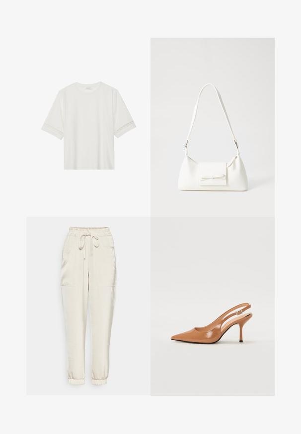 Biele tričko s krátkym rukávom vyrobené z bavlny, s dekoratívnym čipkovým lemovaním pozdĺž rukávov a okrúhlym výstrihom.; Svetlo béžové jogger nohavice vyrobené z mäkkého materiálu s elastickým pásom, šnúrkou na stiahnutie a dvoma bočnými vreckami. S nápletmi na členkoch.; Sandal s úzkym podpätkom a špicatou špičkou v hladkej lesklej hnedej materiáli. Obsahuje zakrivený výrez a štíhly ihlový podpätok. Strieborný prackový detail.; Biela syntetická kabelka s trojuholníkovým tvarom, plochým predným klapkou a detailom mašle, nastaviteľným popruhom, hladkou textúrou a minimalistickým dizajnom.