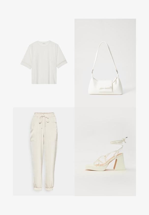 Weißes T-Shirt mit kurzen Ärmeln aus Baumwolle, mit dekorativem Spitzenbesatz entlang der Ärmel und einem runden Ausschnitt.; Helle beige Jogginghosen aus weichem Material mit einem elastischen Bund, Kordelzug und zwei Seitentaschen. Mit Bündchen an den Knöcheln.; Weiße High-Heel-Sandale mit einem klobigen Absatz, die über ein Riemchendesign und ein Knöchelband verfügt. Glatte Textur mit einer Plattform vorne für zusätzliche Höhe.; Weiße synthetische Handtasche in dreieckiger Form, flache Vorderklappe und Schleifendetail, verstellbarer Trageriemen, glatte Textur und minimalistisches Design.