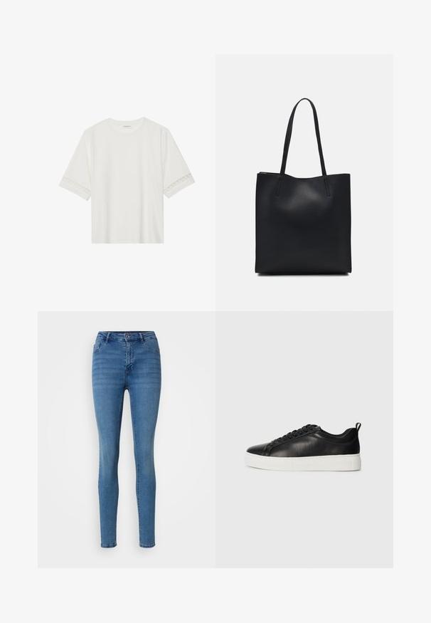 Valkoinen lyhythihainen t-paita, joka on valmistettu puuvillasta ja jossa on koristeellinen pitsireunus hihojen ympärillä sekä pyöreä pääntie.; Slim-fit siniset farkut, jotka on valmistettu denimistä ja joissa on klassinen viiden taskun muotoilu, nappisuljenta ja lievä haalistuminen tekstuurin vaihtelun vuoksi.; Musta matala nahka-tennarit mustilla nauhoilla ja valkoisella paksulla kumipohjalla, nähtynä ulkosivulta valkoista taustaa vasten.; Mustapahkainen kangaskassi, jossa on sileä pinta, suorakaiteen muotoinen ja kaksi pitkää kahvaa. Ei näkyvää metalliosaa tai koristeita.
