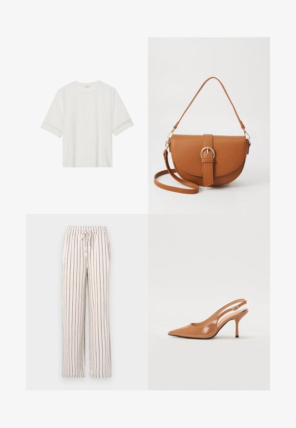 Camiseta blanca de manga corta hecha de algodón, con un ribete decorativo de encaje en las mangas y un escote redondo.; Pantalones de lino con rayas verticales en navy, cintura elástica y detalle de cordón. Sueltos, con perneras rectas y una textura suave.; Zapato de tacón tipo slingback con punta afilada en un material suave y brillante de color marrón. Presenta un diseño con corte curvado y un tacón de aguja delgado. Detalle de hebilla plateada.; Bolso bandolera de cuero marrón con forma curvada, herrajes dorados y un acento de hebilla. Incluye una correa de hombro desmontable.