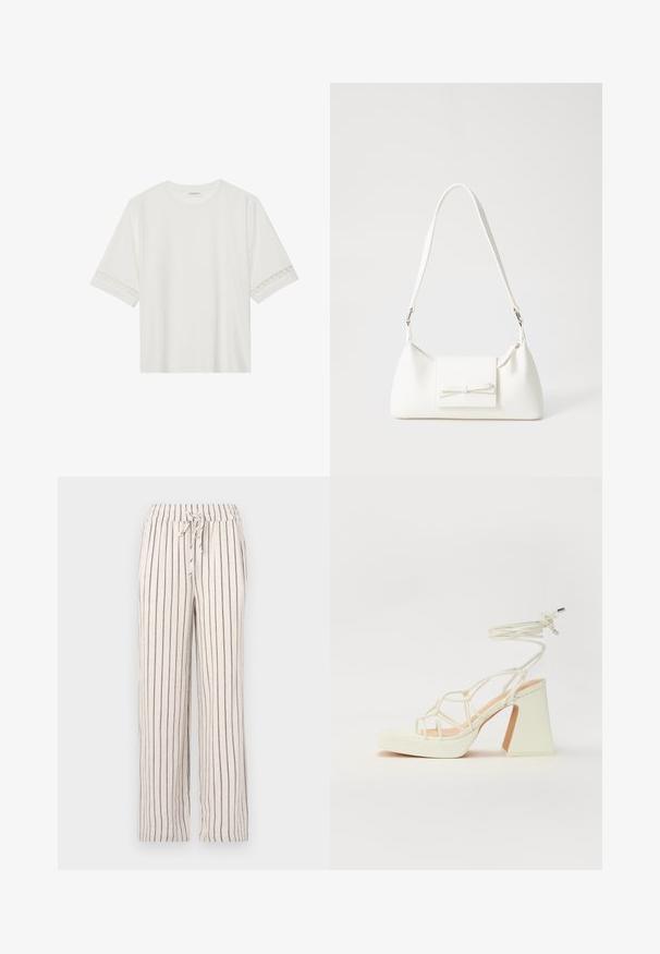 Balta trumpomis rankovėmis marškinėliai, pagaminti iš medvilnės, su dekoratyviais nėriniais aplink rankoves ir apvaliu kaklu.; Lininiai kelniukai su vertikaliomis tamsiai mėlynomis juostelėmis, elastinga juosta ir raišteliu. Laisvas fasonas su tiesiomis kojomis ir minkšta tekstūra.; Balti aukštakulniai sandalai su masyviu kulnu, su dirželių dizainu ir kulkšnies raiščiu. Lygi tekstūra su platforma priekyje, suteikianti papildomą aukštį.; Balta sintetinė rankinė trikampio formos, plokščiu priekiu su užsegimu, kaspino detale, reguliuojama dirželiu, lygia tekstūra ir minimalistišku dizainu.