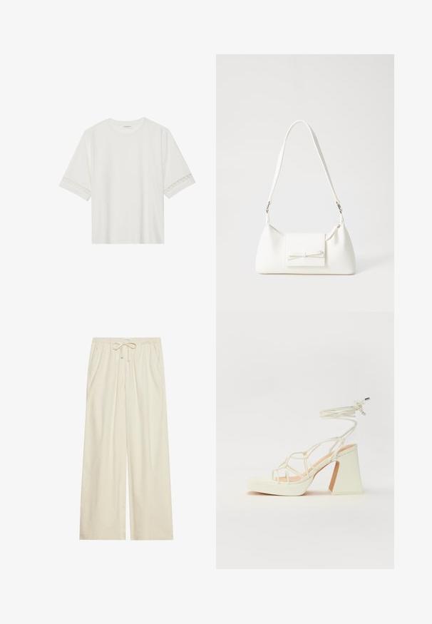 Bela kratka majica s kratkimi rokavi iz bombaža, okrašena z dekorativnim čipkastim robom ob rokavih in okroglo izrezom.; Svetlo kremne široke hlače s elastičnim pasom in vrvico, ki imajo stranske žepe in teksturirano tkanino.; Bela sandala na visokih petah s debelim petam, ki ima obliko trakcev in vezanje okoli gležnja. Gladka tekstura z platformo spredaj za dodatno višino.; Bela sintetična torbica v obliki trikotnika, z ravnim sprednjim poklopcem in detajlom mašne, nastavljivim trakom, gladko teksturo in minimalističnim dizajnom.