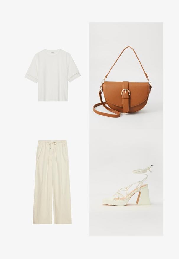 Bjela majica kratkih rukava od pamuka, s dekorativnom čipkastom obrubom duž rukava i okruglim izrezom.; Svijetlosmeđi široki hlače s gumicom u struku i vezicom, sa bočnim džepovima i teksturiranim materijalom.; Bijela sandala na visokoj potpetici s debelim petom, s remenom i vezanjem oko gležnja. Glatka tekstura s platformom sprijeda za dodatnu visinu.; Smeđa kožna torba preko tijela s zakrivljenim oblikom, zlatnim metalnim detaljima i naglaskom na kopču. Ima odvojivu naramenicu.