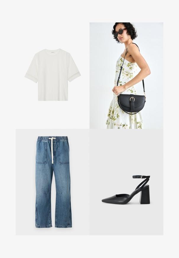 T-shirt branco de manga curta feito de algodão, com bainha de renda decorativa nas mangas e decote redondo.; Calças de ganga azuis com uma cintura elástica e cordão branco. Apresenta dois bolsos frontais e um design de perna larga, com uma textura suave.; Sandal com biqueira afilada em couro preto, com cinta no tornozelo e salto grosso. Textura lisa, design elegante e estética minimalista.; Bolsa de couro preta com forma curva, alça destacável e detalhes em dourado. A bolsa possui uma aba com detalhe de fivela.