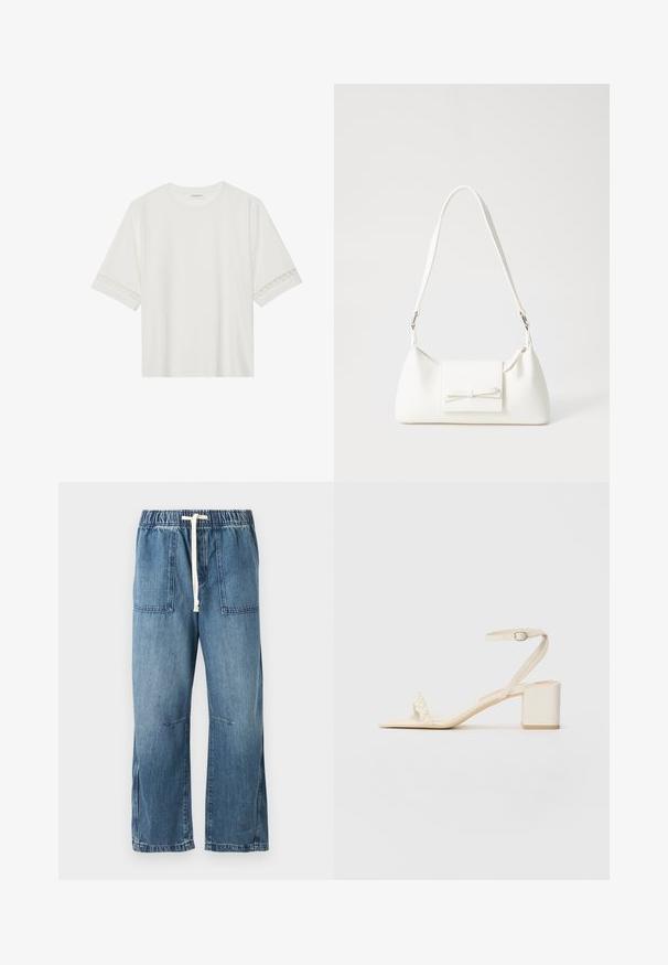 Balta īsām piedurknēm T-kreklu, izgatavotu no kokvilnas, ar dekoratīvu mežģīņu apdari ap piedurknēm un apaļu kakla izgriezumu.; Zilas džinsu bikses ar elastīgu jostasvietu un baltu auklu. Satur divas priekšējās kabatas un plašu kāju dizainu, ar gludu tekstūru.; Beige bloku papēža sandales, izgatavotas no gludas materiāla. Tām ir plāns potītes siksniņa un pirksta siksniņa ar pērļu akcentiem. Plakana zole.; Balta sintētiska soma ar trīsstūrveida formu, plakanu priekšējo vāciņu un loku detaļu, regulējamu siksnu, gludu tekstūru un minimālistisku dizainu.
