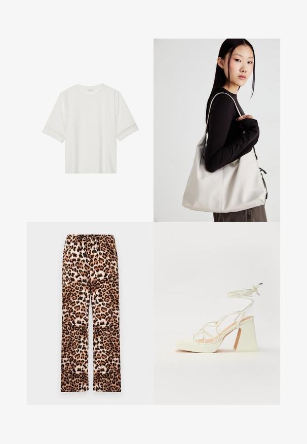 Hvit t-skjorte med kort erme laget av bomull, med dekorativ blondekant langs ermene og en rund halslinning.; Pants med leopardmønster og avslappet passform, med elastisk midje, laget av myk tekstil med en glatt tekstur.; Hvit høyhælte sandal med kraftig hæl, med en stroppe-design og ankelbånd. Glatt tekstur med plattform foran for ekstra høyde.; Beige håndveske laget av mykt materiale, med en slapp design, sydd detaljer og to skulderstropper. Passer for daglig bruk.