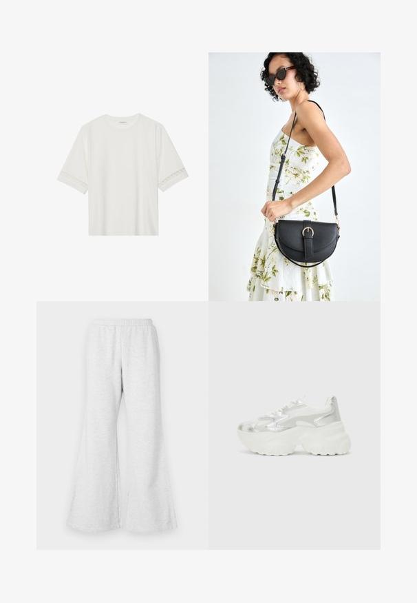 Bílé tričko s krátkým rukávem vyrobené z bavlny, s dekorativní krajkovou aplikací na rukávech a kulatým výstřihem.; Světle šedé rozšířené tepláky s elastickým pasem, vyrobené z měkké, strukturované tkaniny. Mají uvolněný střih a široké nohavice.; Stříbrné tenisky s texturovaným síťovým svrškem a iridescentními akcenty, s robustní bílou podrážkou a šněrováním.; Černá kožená kabelka s křivkovým tvarem, odnímatelným popruhem a zlatými detaily. Kabelka má klopu s přezkou.