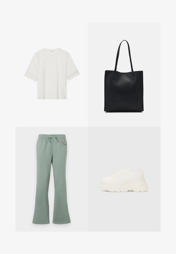Bela kratka majica s kratkimi rokavi iz bombaža, okrašena z dekorativnim čipkastim robom ob rokavih in okroglo izrezom.; Zelene bombažne trenirke s širokimi hlačnicami, elastičnim pasom in vrvico, z belim GAP logotipom na levi strani.; Bela platnena teniska z debelim podplatom, okroglo konico in petimi luknjicami za vezalke. Zadaj je dodana zanka za enostavno obuvanje. Gladka tekstura, minimalistična zasnova.; Črna usnjena torba s svilnato teksturo, pravokotne oblike in dvema dolgima ročajema. Brez vidnih metalnih delov ali okrasnih elementov.