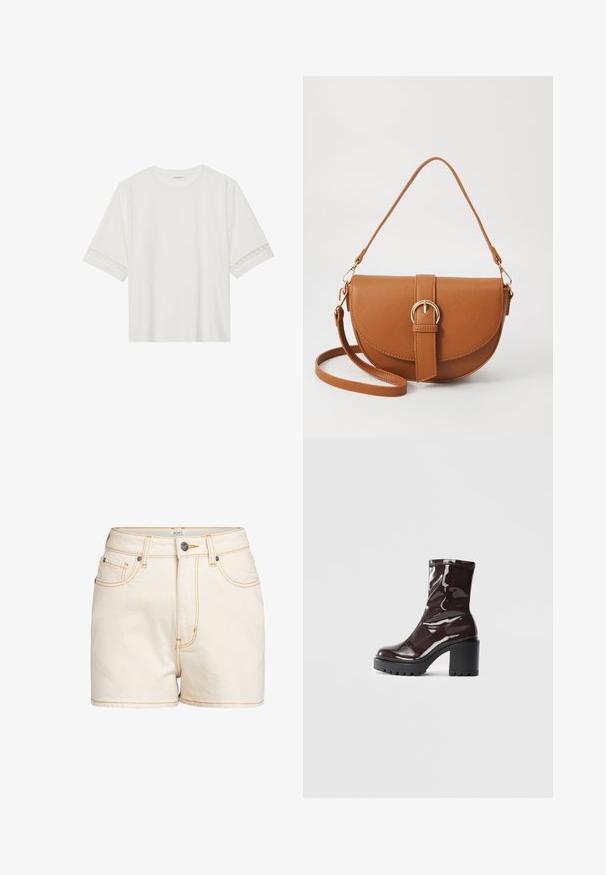Valkoinen lyhythihainen t-paita, joka on valmistettu puuvillasta ja jossa on koristeellinen pitsireunus hihojen ympärillä sekä pyöreä pääntie.; Beige farkkut shortsit korkealla vyötäröllä, joissa on erottuvaa keltaista tikkausta, etutaskut ja merkkimetallinen nappikiinnitys.; Satea bordeaux berwarna mengkilap dengan tumit hitam tebal, menampilkan tekstur halus dan desain sederhana. Tanpa pengikat atau pola yang terlihat.; Ruskean nahkainen olkalaukku, jossa on kaareva muoto, kultaiset yksityiskohdat ja solkiyksityiskohta. Varustettu irrotettavalla olkahihnalla.