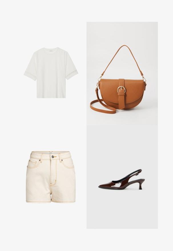 Camiseta blanca de manga corta hecha de algodón, con un ribete decorativo de encaje en las mangas y un escote redondo.; Shorts de mezclilla beige de alta cintura, con costuras amarillas en contraste, bolsillos delanteros y un cierre de botón metálico con marca.; Zapato slingback de charol marrón con punta afilada y tacón moderado. Cuenta con una correa con hebilla para un ajuste seguro. Textura suave.; Bolso bandolera de cuero marrón con forma curvada, herrajes dorados y un acento de hebilla. Incluye una correa de hombro desmontable.
