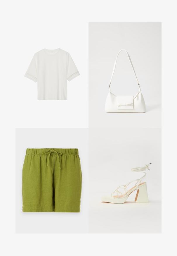 Biele tričko s krátkym rukávom vyrobené z bavlny, s dekoratívnym čipkovým lemovaním pozdĺž rukávov a okrúhlym výstrihom.; Zelené ľanové šortky s elastickým pásom a nastaviteľnou šnúrkou, s pohodlným strihom a rovnými okrajmi.; Biele sandále na vysokom opätku s hrubým podpätkom, s pruhovaným dizajnom a viazaním na členku. Hladký povrch s platformou vpredu pre zvýšenú výšku.; Biela syntetická kabelka s trojuholníkovým tvarom, plochým predným klapkou a detailom mašle, nastaviteľným popruhom, hladkou textúrou a minimalistickým dizajnom.