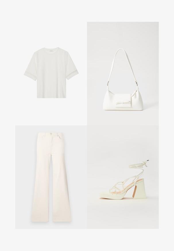 White short-sleeve t-shirt made from cotton, featuring decorative lace trim along the sleeves and a round neckline.; ONLY ONLMADISON WIDE - Wide Leg - ecru; White high-heeled sandal with a chunky heel, featuring a strappy design and ankle tie. Smooth texture with a platform front for added height.; White synthetic handbag with a triangular shape, flat front flap and bow detail, adjustable strap, smooth texture, and minimalistic design.