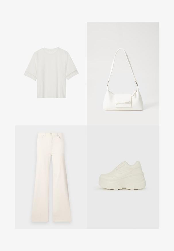 Balta trumpomis rankovėmis marškinėliai, pagaminti iš medvilnės, su dekoratyviais nėriniais aplink rankoves ir apvaliu kaklu.; ONLY ONLMADISON WIDE - Platėjantys džinsai - ecru; Baltos platformos sportbačiai su lygiu odos primenančiu paviršiumi, apvalia forma, paminkštintu apykakle ir tekstūruotu guminiu padu su ryškiais protektoriais.; Balta sintetinė rankinė trikampio formos, plokščiu priekiu su užsegimu, kaspino detale, reguliuojama dirželiu, lygia tekstūra ir minimalistišku dizainu.