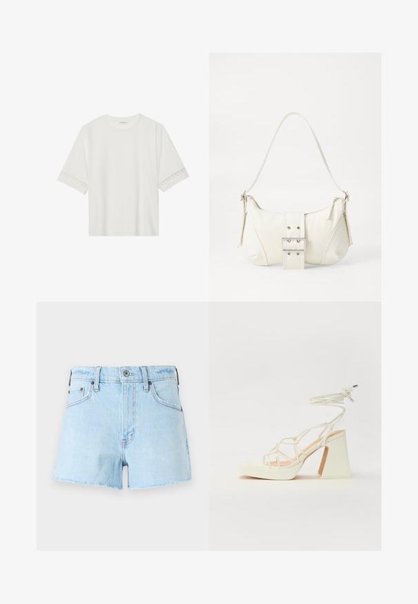 Balta īsām piedurknēm T-kreklu, izgatavotu no kokvilnas, ar dekoratīvu mežģīņu apdari ap piedurknēm un apaļu kakla izgriezumu.; Gaiši zili denima šorti ar saplēstajām malām, piecu kabatu dizains, pogu aizdare un stitched detaļas gar šuvēm.; Baltas augstpapēžu sandales ar masīvu papēdi, ar siksnu dizainu un potītes saistītiem elementiem. Gluda tekstūra ar platformu priekšpusē, lai nodrošinātu papildu augstumu.; Balts plecu soma ar teksturētu apdari, centrālu sprādzi un izliekta forma. Ražota ar rāvējslēdzēja aizdares abās pusēs.