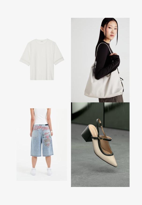 Biała, krótka koszulka z bawełny z dekoracyjnym koronkowym wykończeniem przy rękawach i okrągłym dekoltem.; Jasnoniebieskie denimowe szorty o luźnym kroju, z kolorowymi haftowanymi grafikami tygrysa i tekstem z tyłu, zakończone podwiniętymi nogawkami.; Beżowe buty typu slingback z ostrym noskiem, czarnym wykończeniem, złotą klamrą i grubym obcasem na szarym podłożu z ciemnozielonym tłem.; Beżowa torebka wykonana z miękkiego materiału, charakteryzująca się luźnym fasonem, wyszywanymi detalami i dwoma uchwytami na ramię. Idealna na co dzień.