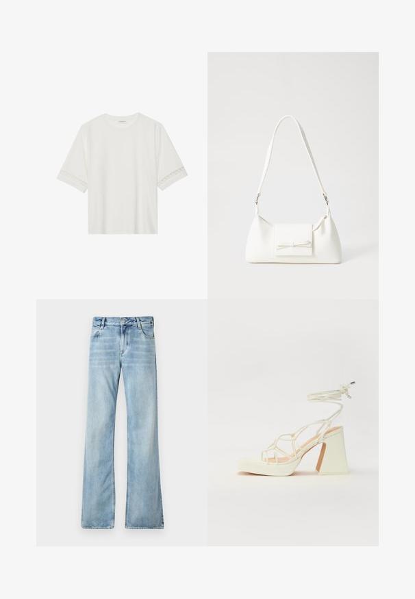 Camiseta blanca de manga corta hecha de algodón, con un ribete decorativo de encaje en las mangas y un escote redondo.; Jeans de mezclilla de tiro acampanado en azul claro, con diseño de cinco bolsillos, cierre de botón y un ligero desvanecimiento para un efecto desgastado.; Sandalia de tacón alto blanca con un tacón grueso, que presenta un diseño de tiras y un lazo en el tobillo. Textura suave con una plataforma en la parte delantera para mayor altura.; Bolso sintético blanco con forma triangular, tapa frontal plana y detalle de lazo, correa ajustable, textura suave y diseño minimalista.