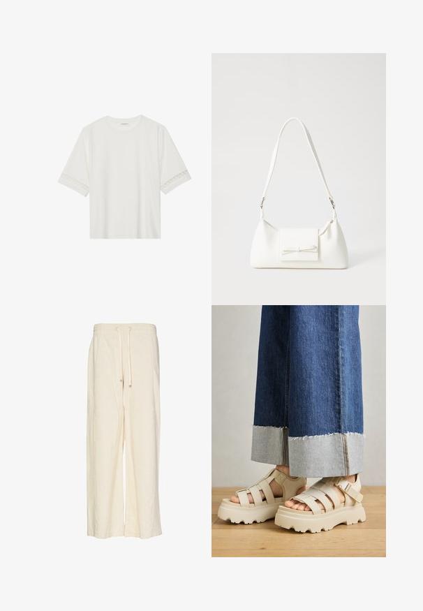 Balta trumpomis rankovėmis marškinėliai, pagaminti iš medvilnės, su dekoratyviais nėriniais aplink rankoves ir apvaliu kaklu.; Pločios kelnės kremiško atspalvio, pagamintos iš tekstūruotos medžiagos su šonkaulinio rašto efektu. Turi elastinę juosmenį ir raištelį, kad būtų galima reguliuoti.; Bežiniai platforminiai sandalai su storais padais turi dirželių dizainą ir reguliuojamus kulkšnies dirželius. Dėvimi su plačiais džinsais, vienas apvadas yra susidėvėjęs.; Balta sintetinė rankinė trikampio formos, plokščiu priekiu su užsegimu, kaspino detale, reguliuojama dirželiu, lygia tekstūra ir minimalistišku dizainu.
