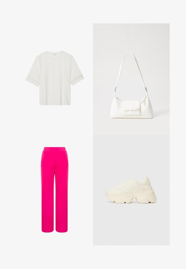 Balta īsām piedurknēm T-kreklu, izgatavotu no kokvilnas, ar dekoratīvu mežģīņu apdari ap piedurknēm un apaļu kakla izgriezumu.; Spilgti rozā platās bikses ar gludu tekstūru un augstu jostas līniju. Izgatavotas no viegla auduma, kas nodrošina komfortu un brīvu kustību.; Masīvi balti sportisti, kas izgatavoti no strukturēta sieta un sintētiskajiem materiāliem, ar biezu zoli un sarežģītām rakstu detaļām gar sāniem.; Balta sintētiska soma ar trīsstūrveida formu, plakanu priekšējo vāciņu un loku detaļu, regulējamu siksnu, gludu tekstūru un minimālistisku dizainu.