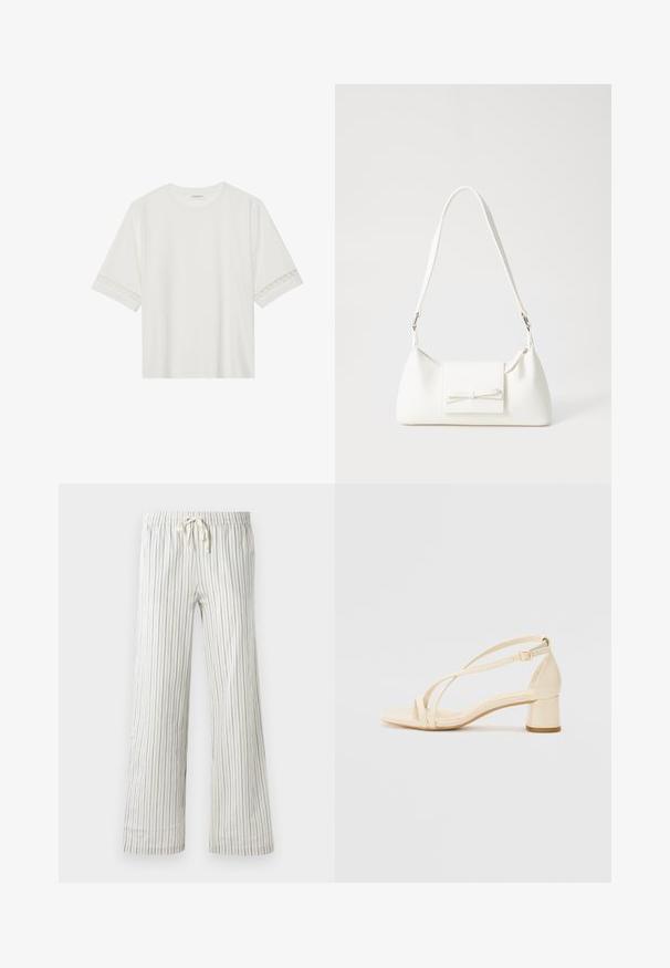 White short-sleeve t-shirt made from cotton, featuring decorative lace trim along the sleeves and a round neckline.; White drawstring pants with thin vertical blue stripes and an elastic waistband, shown front-facing on a plain background.; Beige heeled sandals with a block heel, strappy design, and adjustable ankle strap, made of smooth synthetic material with a matte finish.; White synthetic handbag with a triangular shape, flat front flap and bow detail, adjustable strap, smooth texture, and minimalistic design.
