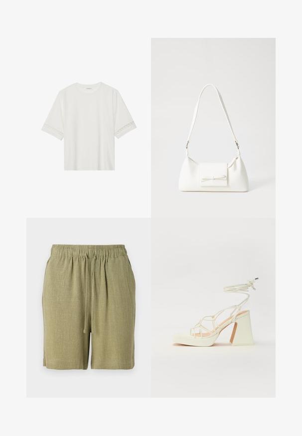 Valkoinen lyhythihainen t-paita, joka on valmistettu puuvillasta ja jossa on koristeellinen pitsireunus hihojen ympärillä sekä pyöreä pääntie.; Olivgrön shorts gjorda av ett strukturerat, andningsbart material. Har en elastisk midja och dragsko för justerbar passform.; Valkoinen korkokenkä, jossa on paksu korko, ja joka sisältää nauhakiinnityksen ja nilkkaketjun. Sujuva pinta, jossa on platform-etupohja lisäkorkeutta varten.; Valkoinen synteettinen käsilaukku, jossa on kolmikulmainen muoto, tasainen etu läppä ja nauhadetail, säädettävä olkahihna, sileä rakenne ja minimalinen muotoilu.
