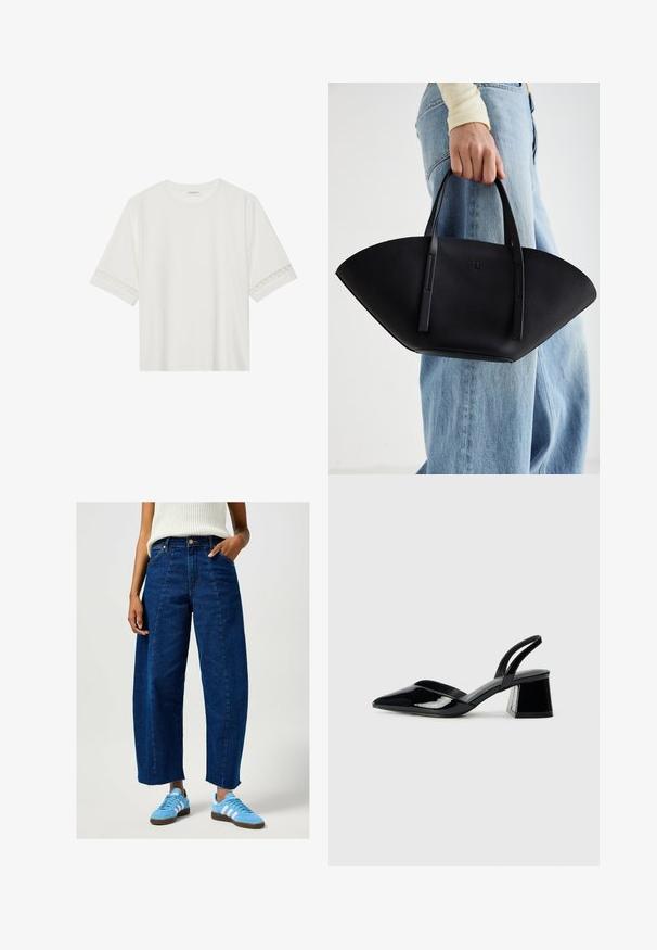 Valkoinen lyhythihainen t-paita, joka on valmistettu puuvillasta ja jossa on koristeellinen pitsireunus hihojen ympärillä sekä pyöreä pääntie.; Tummansiniset leveät farkut, joissa on korkea vyötärö, raaka helmastus ja etutaskut, yhdistettynä vaaleansinihin tennareihin, joissa on valkoiset raidat.; Mustat patentoitu nahkakengät, joissa on säären takaosa ja terävä kärki, sekä geometrinen palikkakorko. Sisältää tyylikkään, minimalistisen muotoilun ja sileän pinnan.; Musta nahkainen käsilaukku, jossa on ainutlaatuinen tuulihattukuvio, jossa on litteät kahvat. Pinnassa on karkeapintainen rakenne ja minimalistinen muotoilu.