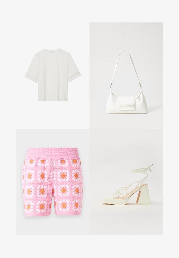 Hvid kortærmet t-shirt lavet af bomuld, med dekorativ blondekant langs ærmerne og en rund halsudskæring.; Lyserøde hæklet shorts med et firkantet mønster med hvide og orange accenter. Struktureret stof med en bølget taljedetalje.; Hvide højhælede sandaler med en kraftig hæl, der har et stropdesign og ankelbinding. Glat tekstur med en platform foran for ekstra højde.; Hvid syntetisk håndtaske med en trekantet form, flad forsideklap og sløjfedetalje, justerbar strop, glat tekstur og minimalistisk design.