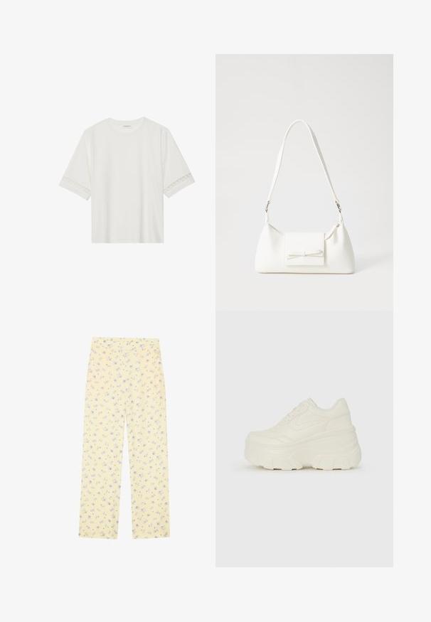 T-shirt branco de manga curta feito de algodão, com bainha de renda decorativa nas mangas e decote redondo.; Calças largas amarelo claro com um padrão floral azul. Cintura elástica, textura suave e corte reto projetado para conforto.; Tênis brancos de plataforma com um cabedal suave semelhante a couro, formato arredondado, colarinho acolchoado e sola de borracha texturizada com ranhuras bem definidas.; Mala sintética branca com formato triangular, aba frontal plana e detalhe de laço, alça ajustável, textura suave e design minimalista.
