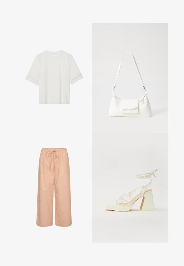 Balta īsām piedurknēm T-kreklu, izgatavotu no kokvilnas, ar dekoratīvu mežģīņu apdari ap piedurknēm un apaļu kakla izgriezumu.; Garinātie bikses, gaiši persiku krāsā ar baltām vertikālām svītrām. Funkcijas elastīgs jostasvīrs ar šnīrējamo auklu. Izgatavotas no viegla auduma.; Baltas augstpapēžu sandales ar masīvu papēdi, ar siksnu dizainu un potītes saistītiem elementiem. Gluda tekstūra ar platformu priekšpusē, lai nodrošinātu papildu augstumu.; Balta sintētiska soma ar trīsstūrveida formu, plakanu priekšējo vāciņu un loku detaļu, regulējamu siksnu, gludu tekstūru un minimālistisku dizainu.