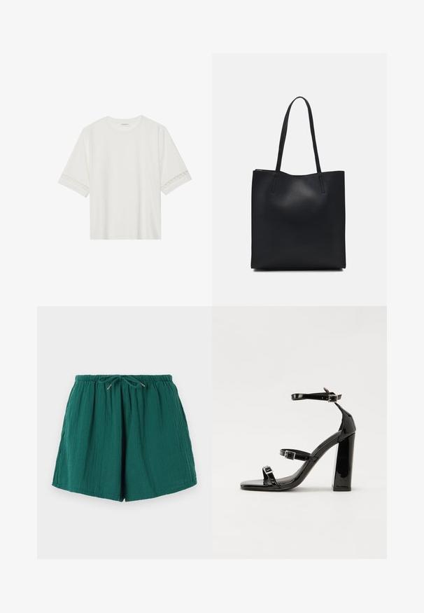 Witte korte mouwen t-shirt van katoen, met een decoratieve kantafwerking langs de mouwen en een ronde halslijn.; Groene, lichte shorts met een elastische tailleband en trekkoord. Kenmerkt zich door een textuurstof met een zachte, gekreukte uitstraling.; Zwarte gepatenteerde sandalen met hak en een vierkante neus, enkelbandjes en zilveren gespen. Heeft een stevige blokhak voor stabiliteit.; Zwarte leren handtas met een gladde textuur, rechthoekige vorm en twee lange handvaten. Geen zichtbare hardware of versieringen.