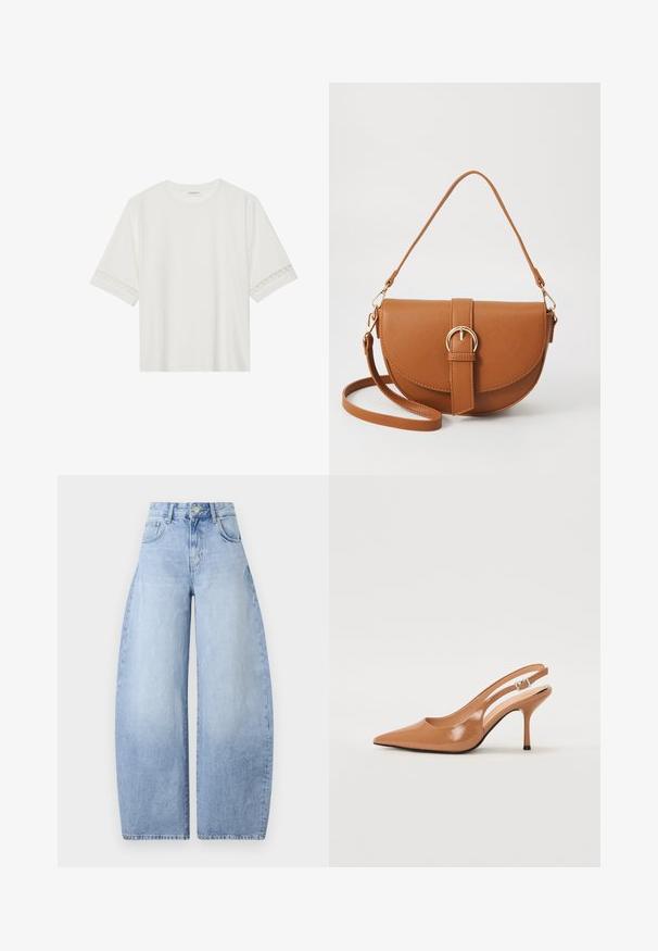 Bela kratka majica s kratkimi rokavi iz bombaža, okrašena z dekorativnim čipkastim robom ob rokavih in okroglo izrezom.; SVETLOMODRE, široke traperice iz denima. Visok pas, z petimi žepi in gumbom za zapiranje. Čist izgled brez vidnih vzorcev.; Slinčaste pete z ostro konico v gladkem, sijočem bež materialu. Imajo ukrivljen rez in vitko stiletto peto. Podrobnost s srebrno zaponko.; Rjava usnjena torbica prek telesa s ukrivljeno obliko, zlate opreme in sponko. Ima odstranljiv naramni trak.