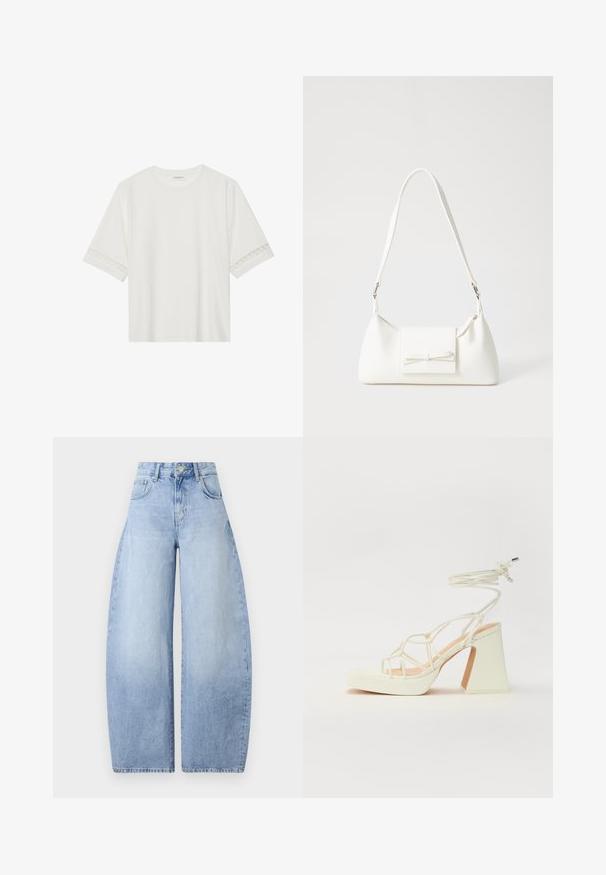 Balta trumpomis rankovėmis marškinėliai, pagaminti iš medvilnės, su dekoratyviais nėriniais aplink rankoves ir apvaliu kaklu.; Šviesiai mėlynos, plačios kojos džinsai, pagaminti iš džinsinio audinio. Aukšto juosmens dizainas su penkiomis kišenėmis ir mygtuko uždarymu. Tvarkingas apdaila be matomų raštų.; Balti aukštakulniai sandalai su masyviu kulnu, su dirželių dizainu ir kulkšnies raiščiu. Lygi tekstūra su platforma priekyje, suteikianti papildomą aukštį.; Balta sintetinė rankinė trikampio formos, plokščiu priekiu su užsegimu, kaspino detale, reguliuojama dirželiu, lygia tekstūra ir minimalistišku dizainu.
