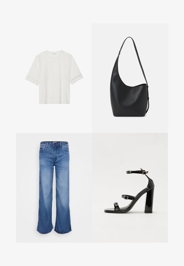 T-shirt blanc à manches courtes en coton, avec des bordures en dentelle décoratives le long des manches et un col rond.; Jean en denim bleu clair, coupe large, taille haute et ourlet brut. Dispose de cinq poches, passants de ceinture et décoloration subtile sur le tissu.; Sandales à talons vernies noires avec un bout carré, des sangles autour de la cheville et des boucles en argent. Dotées d'un talon bloc épais pour plus de stabilité.; Sac hobo en cuir noir avec une texture lisse, une forme incurvée et une seule sangle réglable ; dispose d'une large ouverture en haut.