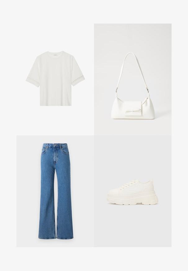 T-shirt blanc à manches courtes en coton, avec des bordures en dentelle décoratives le long des manches et un col rond.; Jean en denim bleu à jambes larges avec une taille haute, présentant un design classique à cinq poches et un ourlet brut, confectionné en tissu en coton texturé.; Baskets blanches en toile avec une semelle épaisse, bout arrondi et cinq œillets pour les lacets. Onglet arrière pour un enfilage facile. Texture lisse, design minimaliste.; Sac à main synthétique blanc en forme triangulaire, avec un rabat avant plat et un détail en nœud, une bandoulière ajustable, une texture lisse et un design minimaliste.