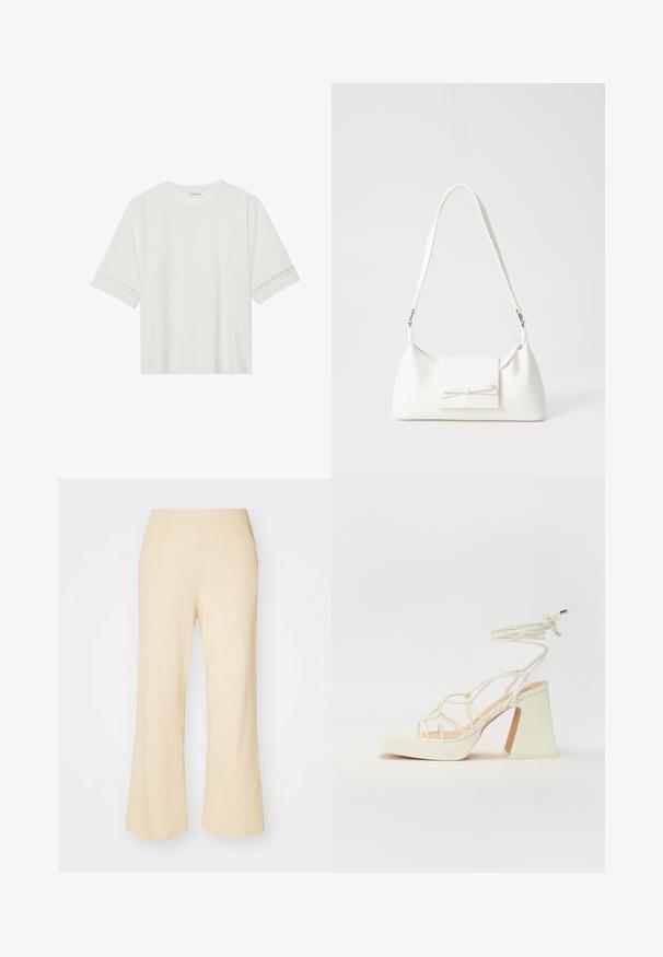 Valge lühikese varrukaga T-särk, mis on valmistatud puuvillast, kaunistatud pitsiga varrukate ääres ja ümmarguse kaelusega.; Heledad beez värvi laiad püksid tekstuurse kangaga, veniva vöökoht ja kahe küljetaskuga.; Valged kõrge kontsaga sandaalid, millel on paks konts ja rihmadega disain koos pahkluu sidumisega. Sile tekstuur ja platvorm ees, et lisada kõrgust.; Valge sünteetilisest materjalist kott kolmnurkse kujuga, lame esiklapiga ja kaaredetailiga, reguleeritava rihmaga, sileda tekstuuriga ja minimalistliku disainiga.