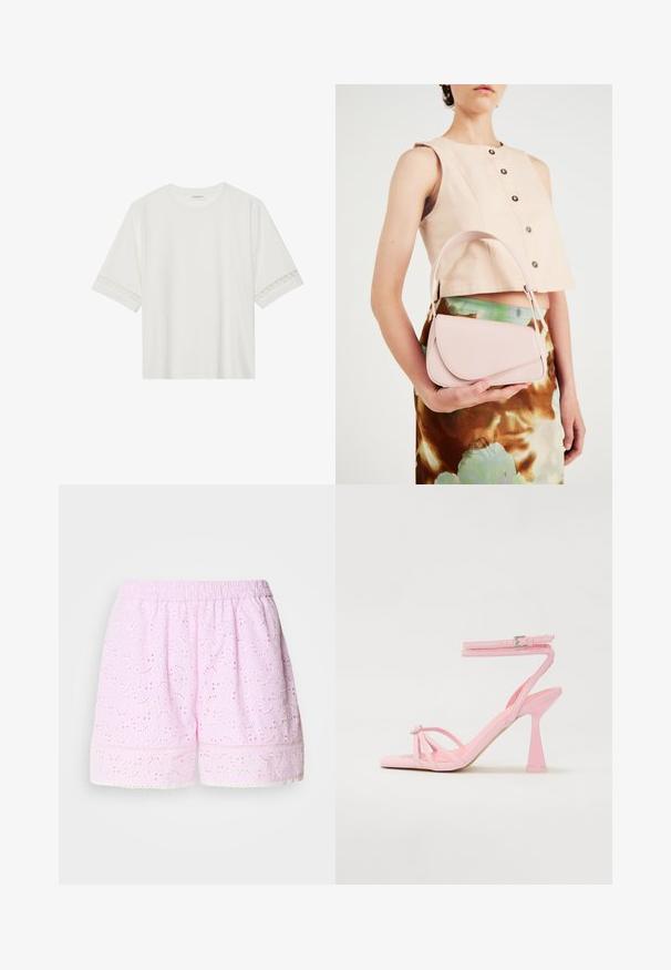 Weißes T-Shirt mit kurzen Ärmeln aus Baumwolle, mit dekorativem Spitzenbesatz entlang der Ärmel und einem runden Ausschnitt.; Rosa Baumwollshorts mit gesticktem Blumenmuster, elastischem Bund und Spitzenbesatz am Saum. Leichter und atmungsaktiver Stoff.; Rosa Absatzsandalen mit Riemchendesign und Knöchelriemen. Sie verfügen über ein dekoratives Element an der Zehenspitze und ein modernes, konisches Absatzdesign.; Rosa Lederhandtasche mit gewölbtem Deckel, einem Schulterriemen und klaren Linien. Die Tasche zeigt eine glatte Textur und ein minimalistisches Design.