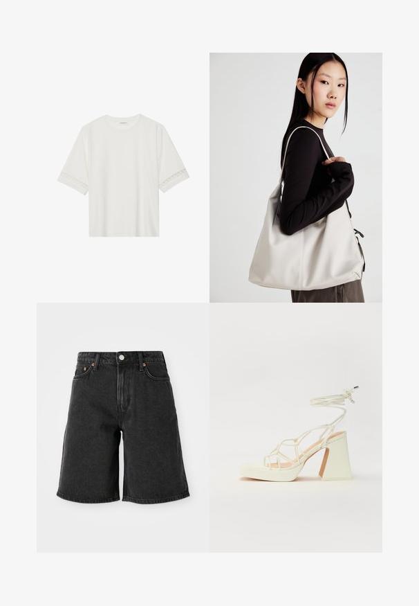 T-shirt branco de manga curta feito de algodão, com bainha de renda decorativa nas mangas e decote redondo.; Calções de ganga pretos com cintura alta, apresentando cinco bolsos, rebites de cobre e uma textura de lavagem escura. Corte reto com bainha limpa.; Sandálias brancas de salto alto com um salto robusto, apresentando um design com tiras e amarração no tornozelo. Textura suave com uma plataforma na frente para altura adicional.; Uma bolsa bege feita de material macio, com um design descontraído, detalhes de costura e duas alças para o ombro. Adequada para uso diário.
