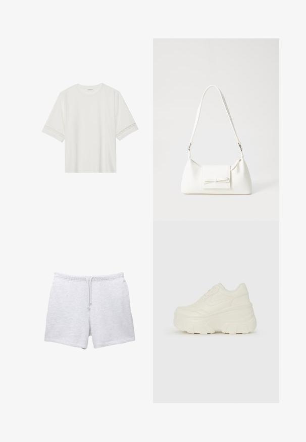 Witte korte mouwen t-shirt van katoen, met een decoratieve kantafwerking langs de mouwen en een ronde halslijn.; Lichtgrijze katoenen shorts met een elastische tailleband en koord. Heeft een zachte textuur en een rechte snit zonder zichtbare patronen.; Witte platform sneakers met een gladde leren bovenkant, afgeronde vorm, gewatteerde kraag en een gestructureerde rubberen zool met duidelijke profiel.; Witte synthetische handtas met een driehoekige vorm, platte voorklep en strikdetail, verstelbare schouderriem, gladde textuur en minimalistisch ontwerp.