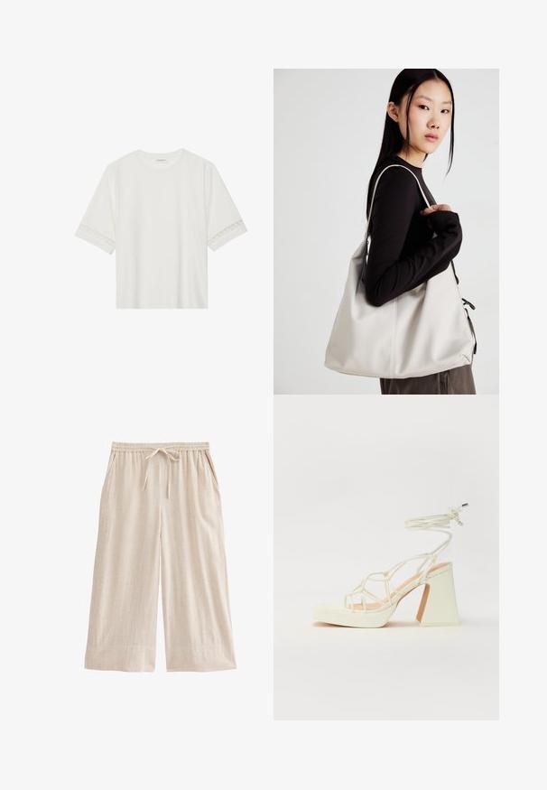 Camiseta blanca de manga corta hecha de algodón, con un ribete decorativo de encaje en las mangas y un escote redondo.; Pantalones culottes de lino beige con cintura elástica, cordón ajustable, bolsillos laterales y un corte relajado de pierna ancha.; Sandalia de tacón alto blanca con un tacón grueso, que presenta un diseño de tiras y un lazo en el tobillo. Textura suave con una plataforma en la parte delantera para mayor altura.; Bolso de mano beige hecho de material suave, con un diseño holgado, detalles cosidos y dos asas. Adecuado para uso diario.