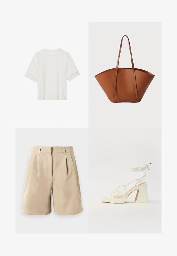 Balta trumpomis rankovėmis marškinėliai, pagaminti iš medvilnės, su dekoratyviais nėriniais aplink rankoves ir apvaliu kaklu.; Bežinės aukštos juosmens pritaikytos šortai su diržo kilputėmis, priekinėmis klostėmis ir paslėptu priekinio užsegimo mechanizmu ant balto fono.; Balti aukštakulniai sandalai su masyviu kulnu, su dirželių dizainu ir kulkšnies raiščiu. Lygi tekstūra su platforma priekyje, suteikianti papildomą aukštį.; Ruda odinė rankinė su plačia, struktūrizuota forma, plonomis rankenomis ir tekstūruotu paviršiu. Pasižymi minimalistišku dizainu be matomų detalių.