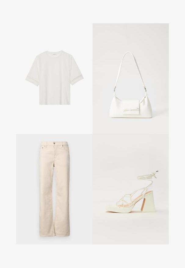 Bjela majica kratkih rukava od pamuka, s dekorativnom čipkastom obrubom duž rukava i okruglim izrezom.; Bež traperice širokih nogavica s klasičnim dizajnom s pet džepova, s kopčom na gumb i patentni zatvarač te mekim, teksturiranim pamučnim materijalom.; Bijela sandala na visokoj potpetici s debelim petom, s remenom i vezanjem oko gležnja. Glatka tekstura s platformom sprijeda za dodatnu visinu.; Bijela sintetička torbica s trokutastim oblikom, ravnim prednjim poklopcem i detaljem u obliku mašne, podesivom remenom, glatkom teksturom i minimalističkim dizajnom.
