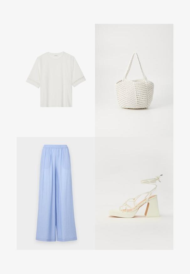Bela kratka majica s kratkimi rokavi iz bombaža, okrašena z dekorativnim čipkastim robom ob rokavih in okroglo izrezom.; Svjetloplave hlače širokih nogavica izrađene od teksturiranog materijala, s elastičnom gumicom u struku i dva bočna džepa.; Bela sandala na visokih petah s debelim petam, ki ima obliko trakcev in vezanje okoli gležnja. Gladka tekstura z platformo spredaj za dodatno višino.; Tkana bela torbica s teksturiranim zaključkom, ki ima dve ročki in strukturirano obliko, primerna za vsakodnevno uporabo.