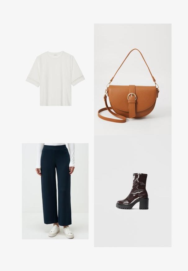 Biała, krótka koszulka z bawełny z dekoracyjnym koronkowym wykończeniem przy rękawach i okrągłym dekoltem.; Granatowe spodnie o szerokich nogawkach wykonane z prążkowanej tkaniny, z wysokim stanem i luźnym krojem, w zestawieniu z białymi trampkami.; Błyszczące bordowe botki za kostkę z masywną czarną obcasem, charakteryzujące się gładką teksturą i prostym wzornictwem. Brak widocznych zapięć lub wzorów.; Brązowa skórzana torba na ramię o zaokrąglonym kształcie, ze złotymi akcentami i zapięciem w formie klamry. Posiada odpinany pasek na ramię.